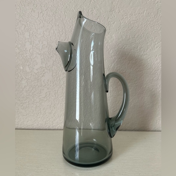 Blown Art Glass Cocktail Martini Pitcher Smoke Gray Applied Handle Spout 11.5” - Picture 6 of 13